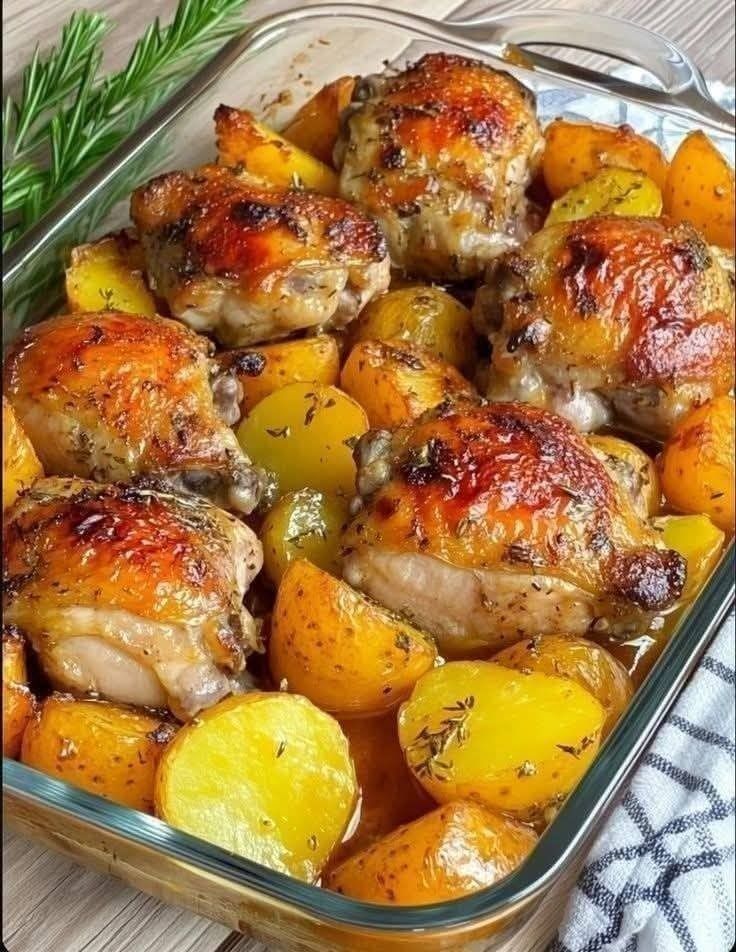 Muslos de Pollo al Horno con Patatas Asadas y Ajo