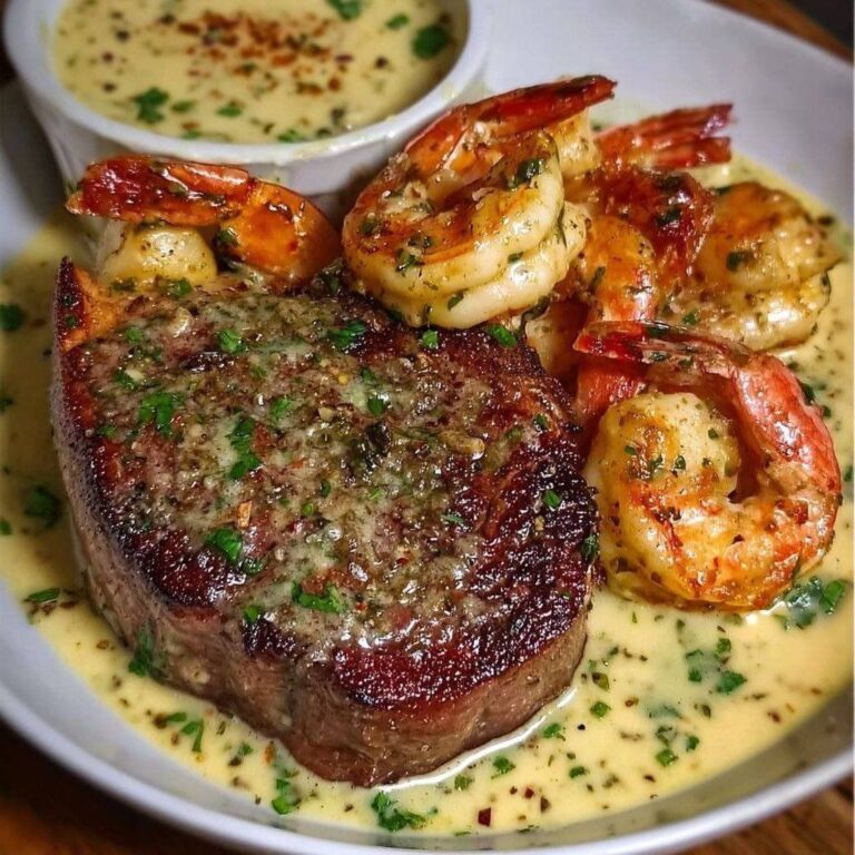 Filete Cremoso con Ajo, Parmesano y Camarones: Un Plato Elegante y Fácil de Preparar